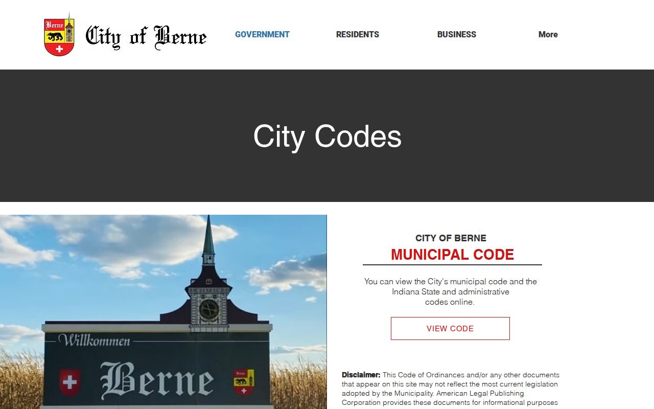 Berne City Codes page and official-copy warning