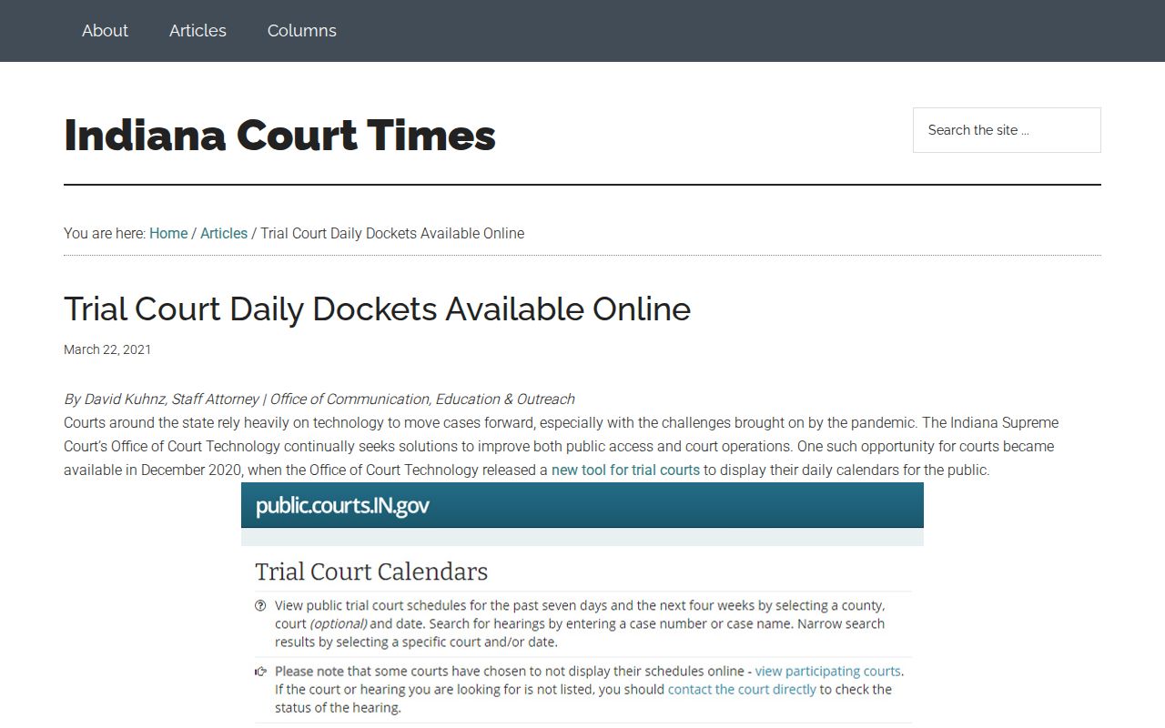 Indiana court guidance explaining public online dockets and hearing calendars