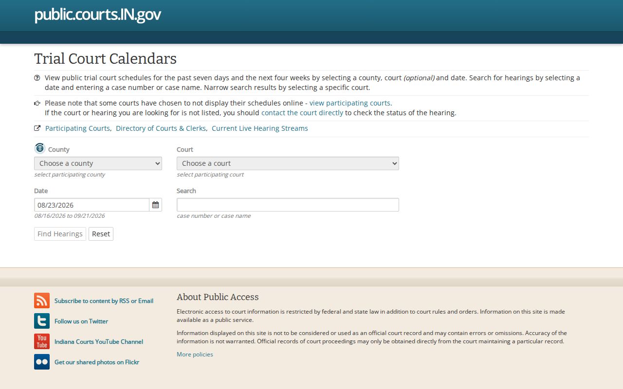 Indiana Trial Court Calendar search controls used for Adams County court dates
