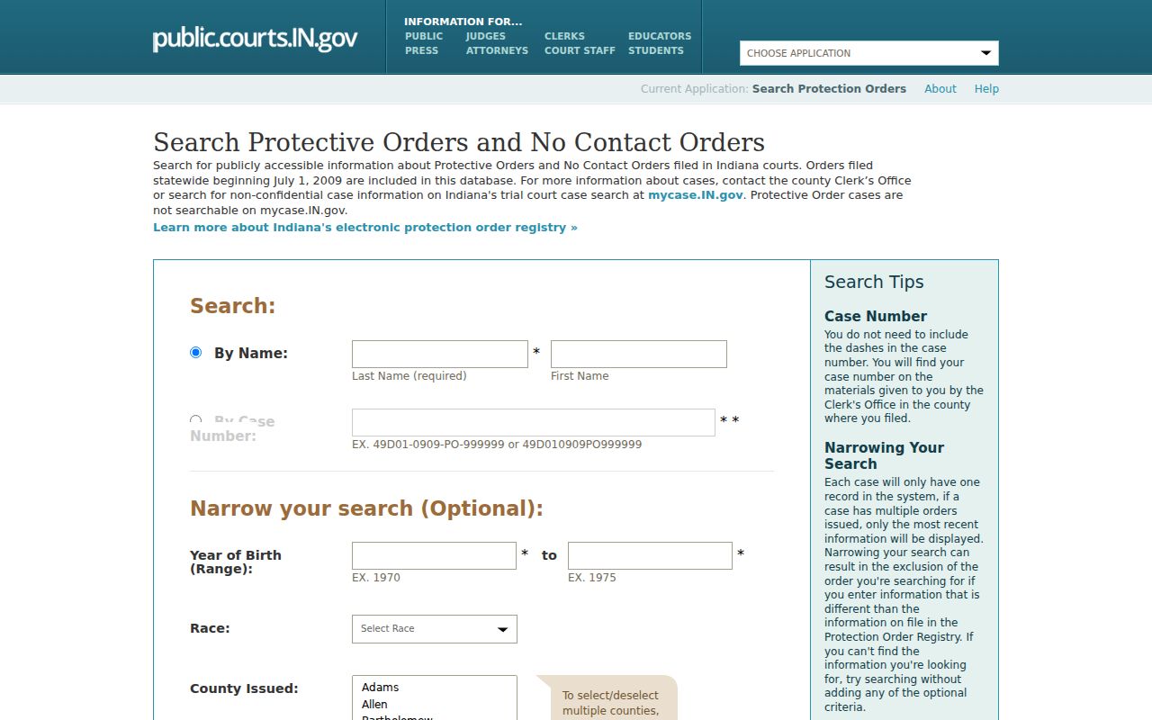 Indiana Protection Order Registry access portal for protected case routing