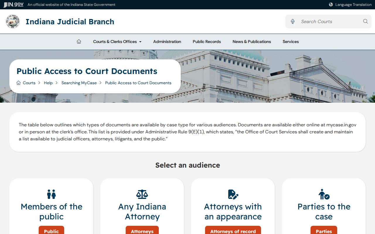 MyCase access matrix for public Adams County records