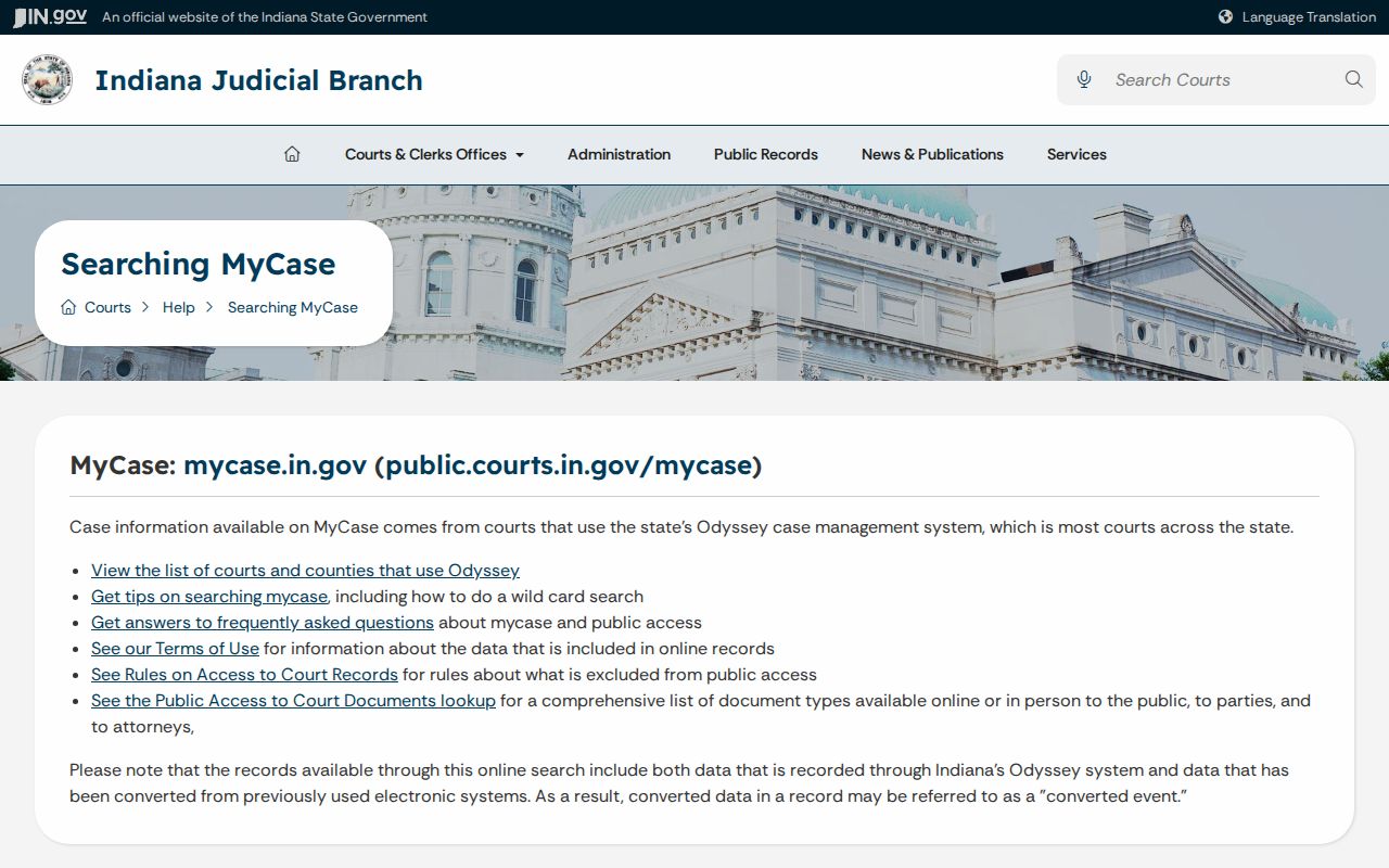 Indiana MyCase help for Adams County public case searches
