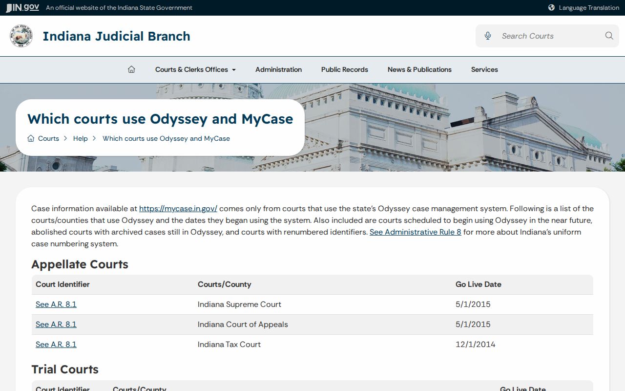 Odyssey inventory showing Adams County Circuit and Superior Courts