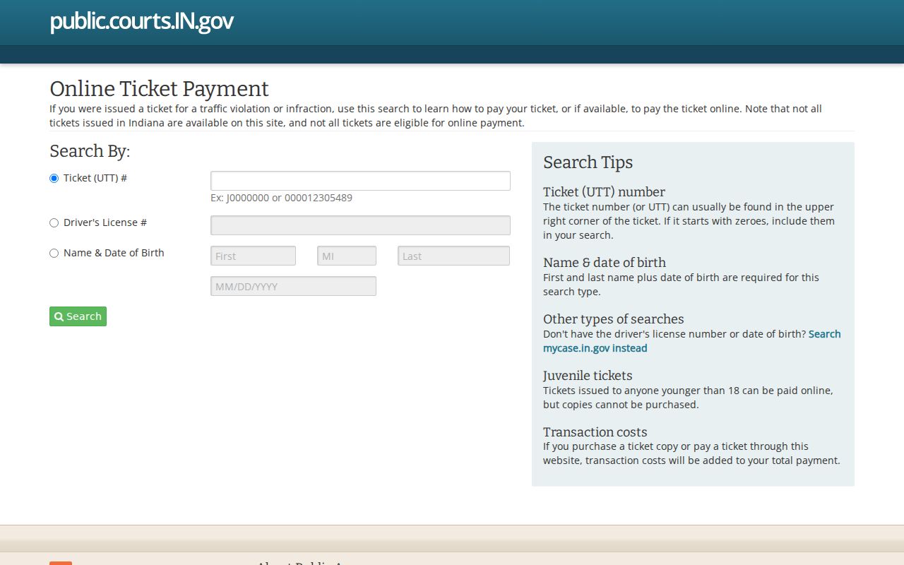 Indiana traffic ePayment search interface for Adams County tickets